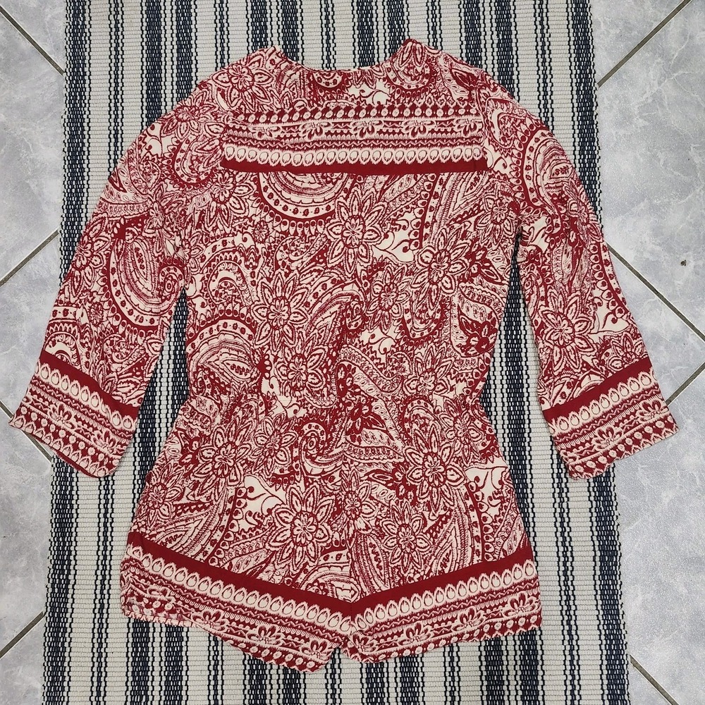 Umgee USA 1XL Red Paisley Boho Romper Long Sleeve Drawstring Shorts - Picture 5 of 9